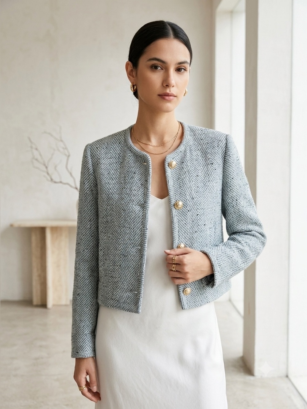Zara blue & white cotton tweed herringbone blazer jacket - size Small (S) NWT